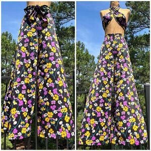 Vintage 60s Dark Floral High Waist Extra Wide Leg Palazzo Pants + Sash S M